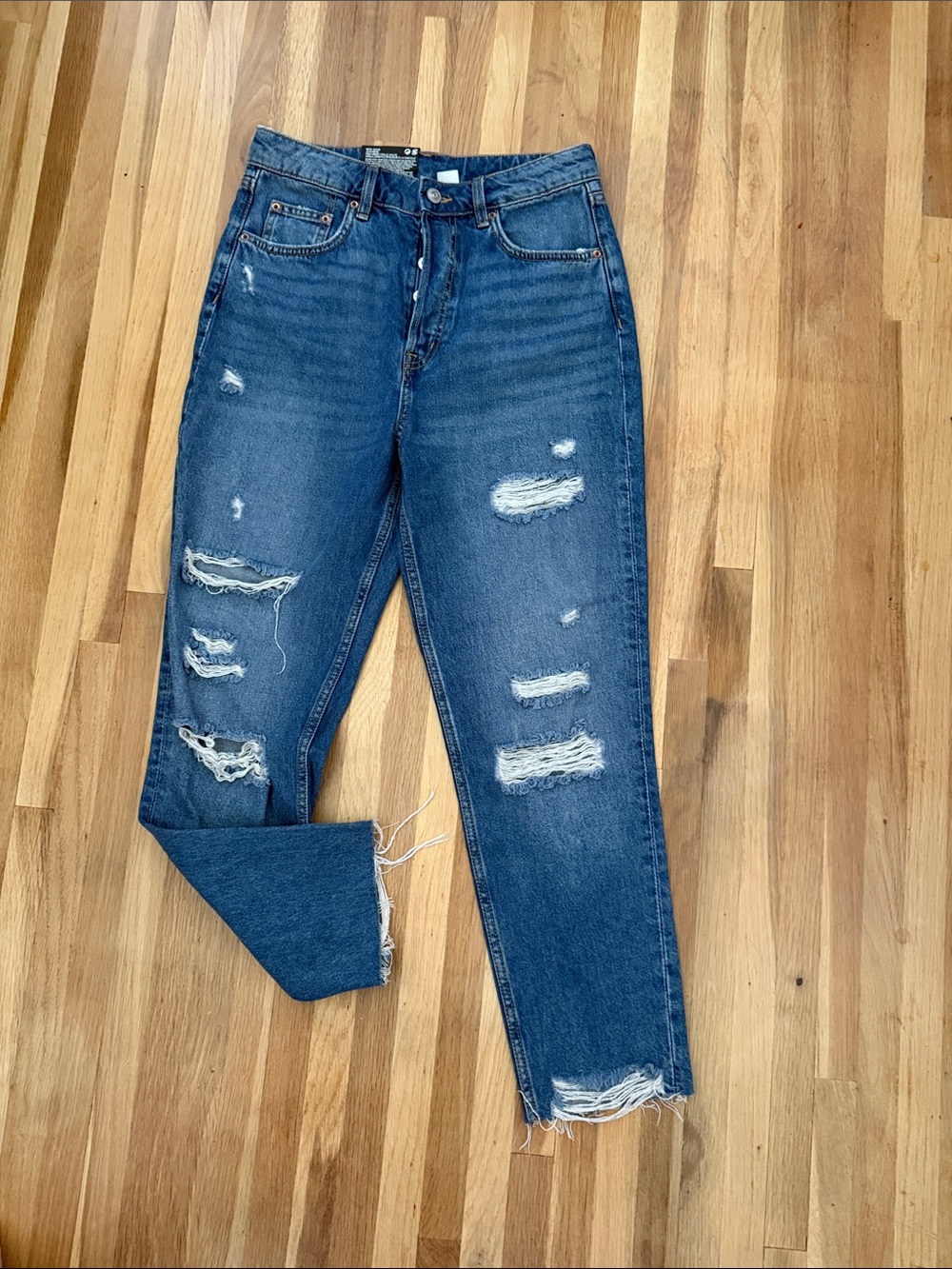 NEW NWT H&M Dark Blue Distressed High Rise Button Fly Straight-Leg Jeans